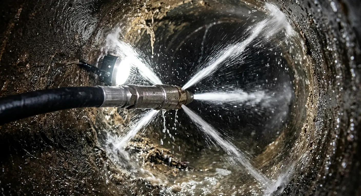 High-pressure hydro jetting nozzle cleaning sewer pipe for Emergency Drain Service in Atlantic Beach