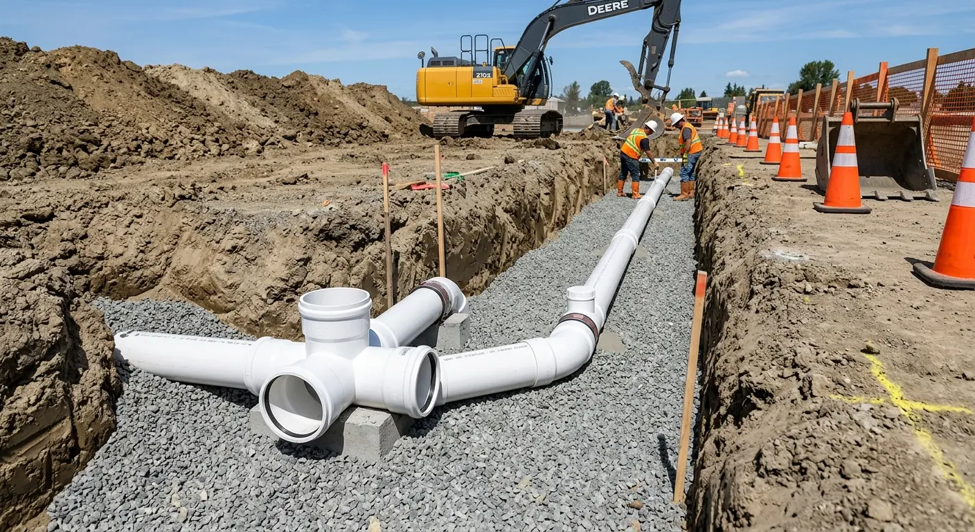 New PVC sewer pipe installation in open trench for Grease Trap Cleaning in Atlantic Beach