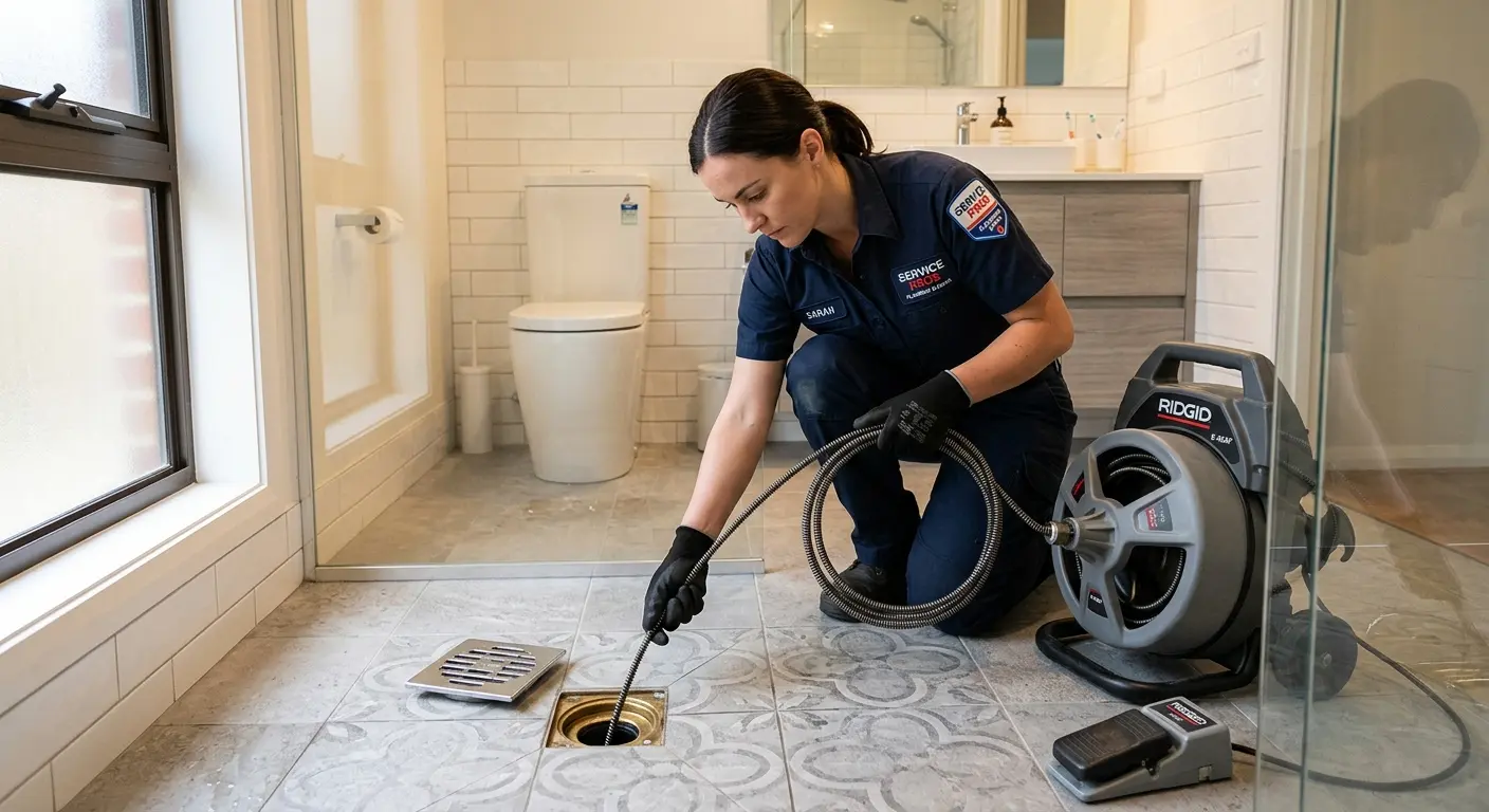 Technician clearing a bathroom floor drain for Drain Repair in Atlantic Beach